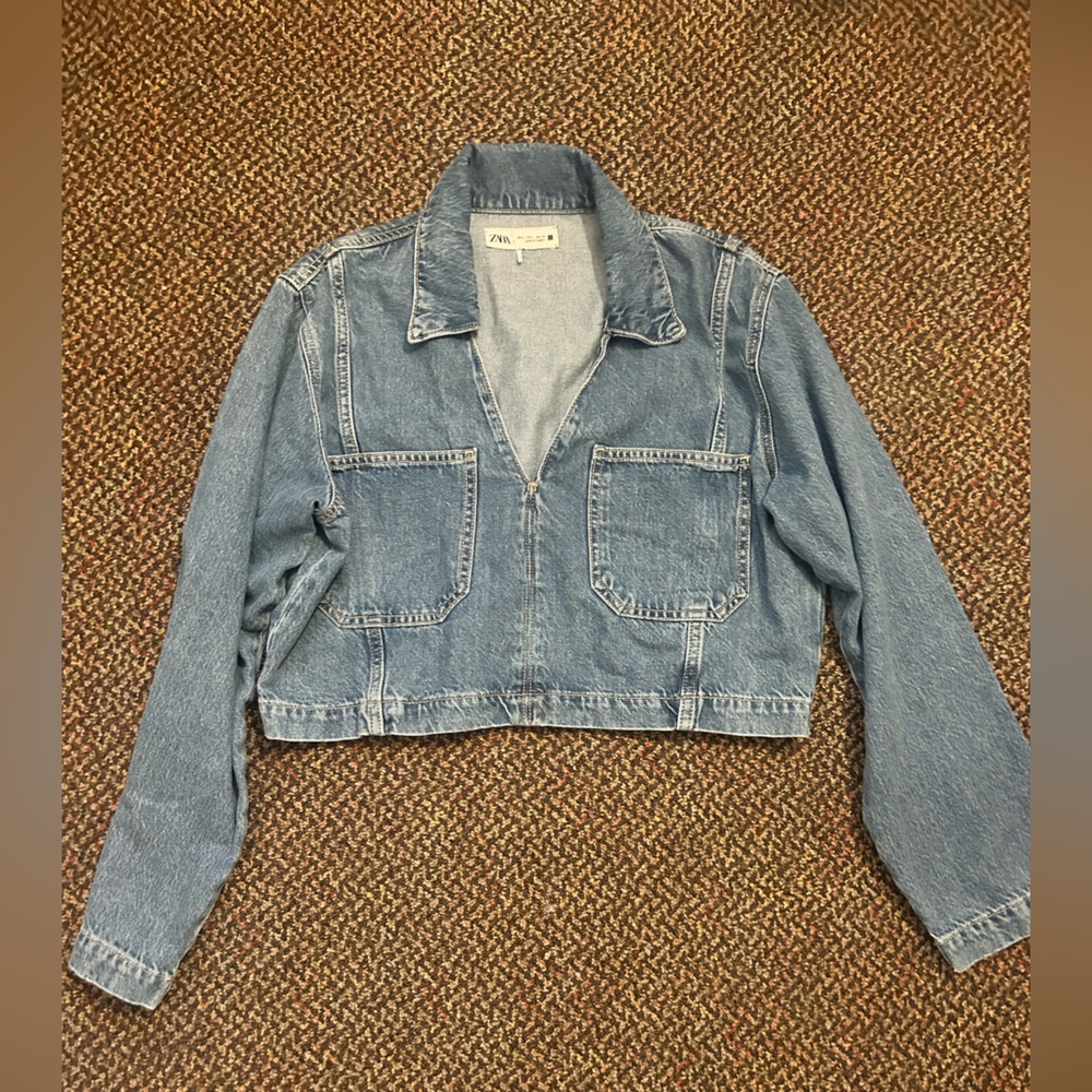 Zara Light Blue V Neck Denim Cropped Top/Jacket Size L